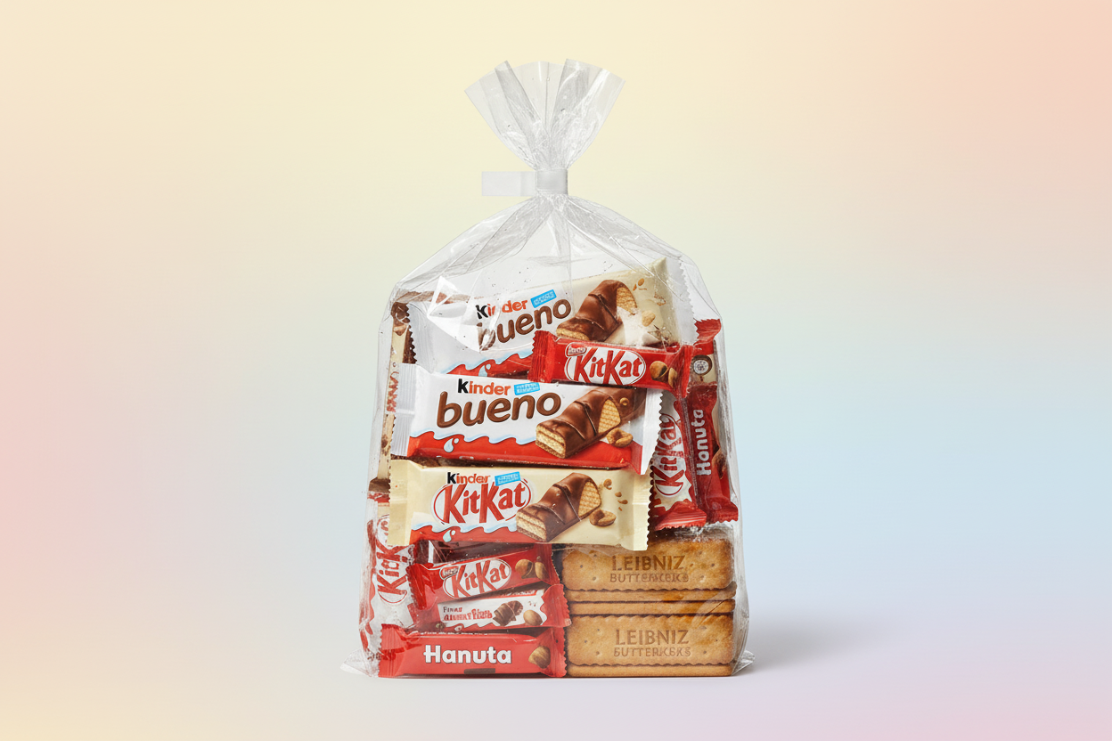 klaren beutel boueno, kitkat,kinderschokoladen riegel, leipnitz, hanuta