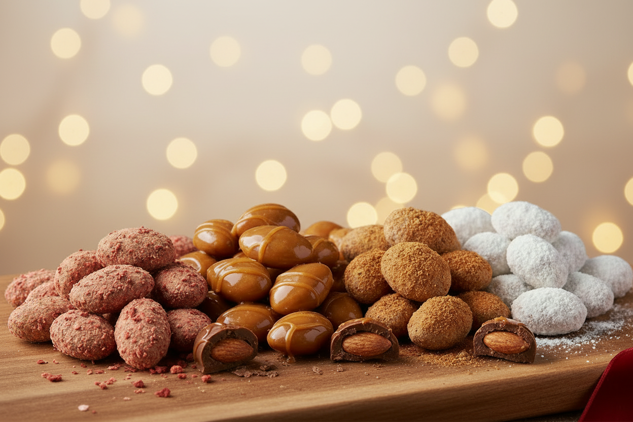vollmichschokoladen mandeln mit geschmack erdbeer karamell zim und puderzucker weihnachtlicher hintergrund